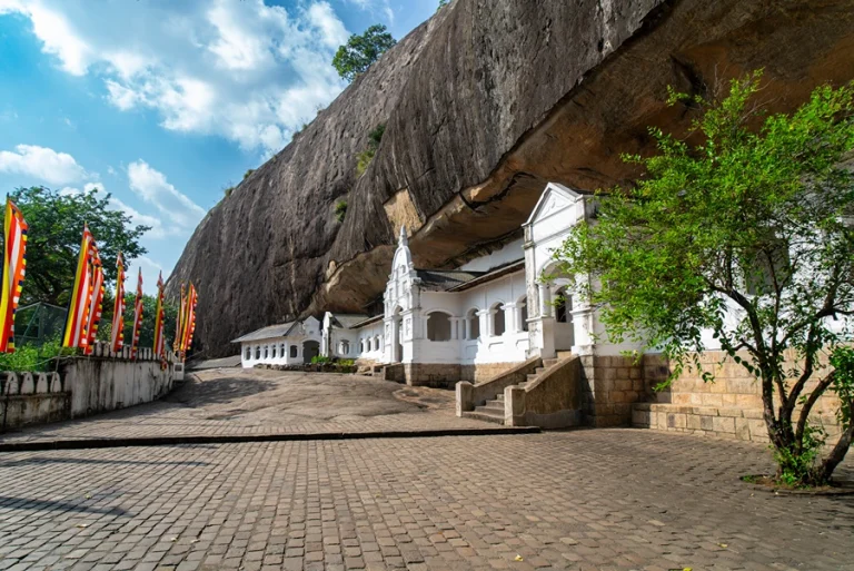 Dambulla Cave Temple with ancient Buddha statues and painted ceilings in Sri Lanka