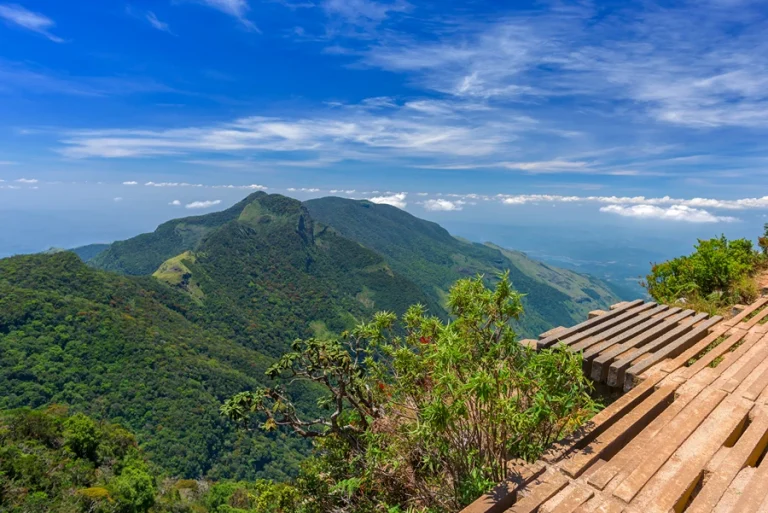 Dramatic view from World’s End in Horton Plains, Sri Lanka, where misty cliffs drop into the lush green valley below