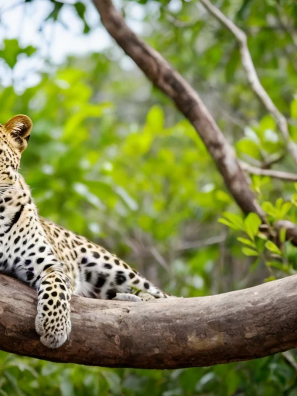 Leopard resting on a tree branch in Sri Lanka