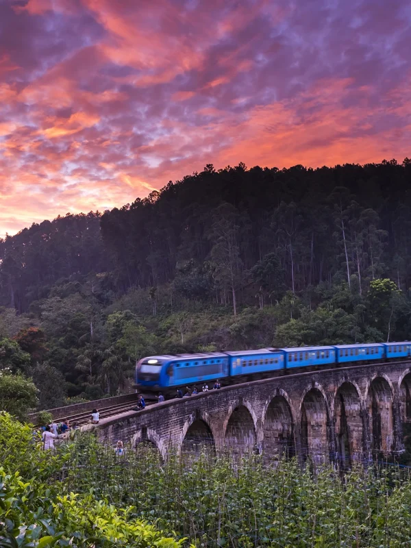 Ella Odyssey train crossing Nine Arch Bridge at sunset